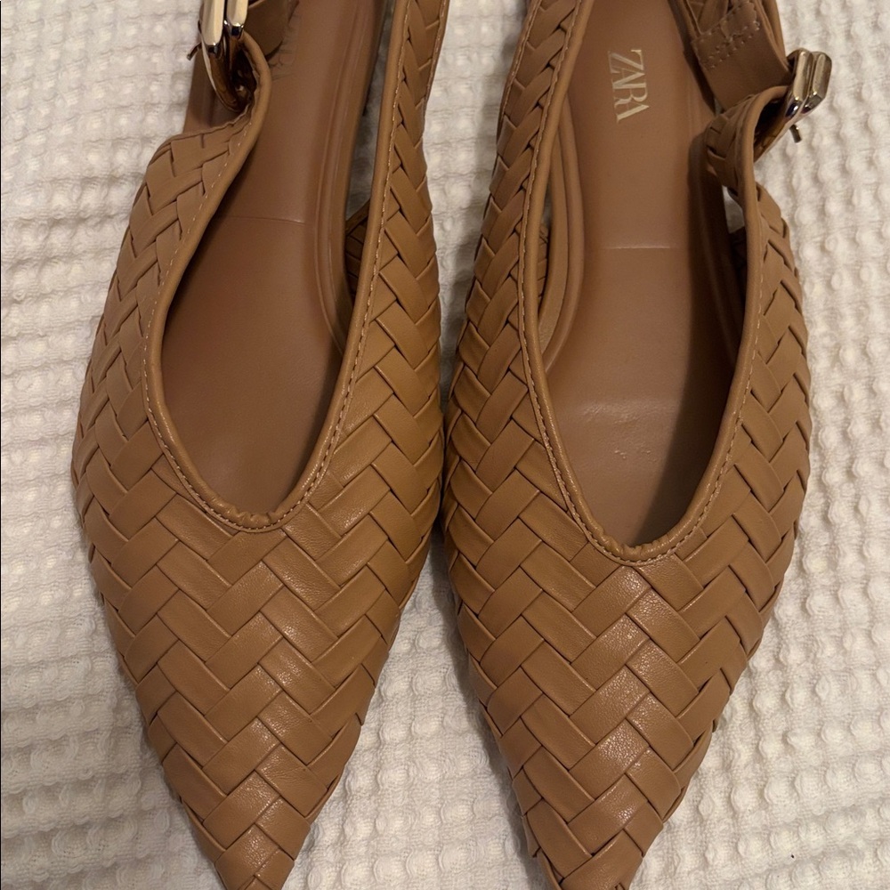 Zara Woven Effect Slingback Open Back Flats Pointy Toe Buckle Strap Size 40